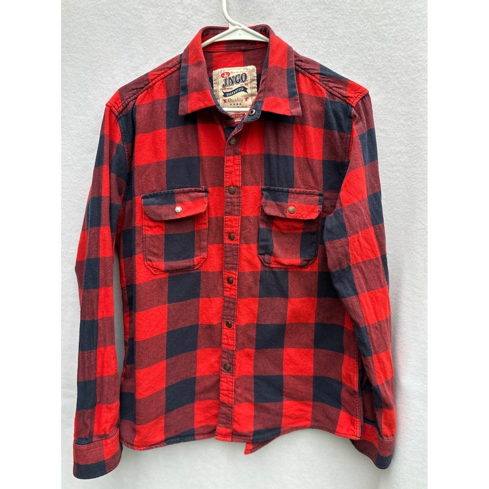 JNCO Flannel Shirt Women Sz M Red Black Buffalo Plaid Snap Button Long Sleeve